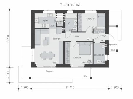 Проект индивидуального одноэтажного жилого дома с террасой